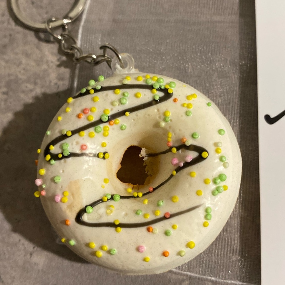 White Chocolate Sprinkle Donut Squishy Keychain - Picture 2 of 6